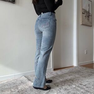 Vintage Embroidered Mid Rise Straight Leg Acid Wash Jeans